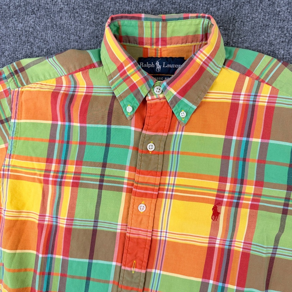 Vintage Polo Ralph Lauren Shirt Mens S Orange Green Indian Madras Plaid Pony 90s